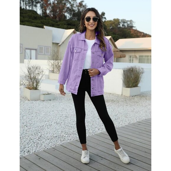 Women's Oversized Mid Long Denim Jacket Jean Biker Coat Long Sleeves Purple - Picture 6 of 7